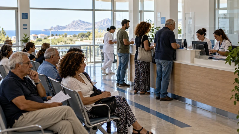 Illustrazione editoriale IA di una sala d’attesa in un ospedale pubblico sardo; scena non documentaria.