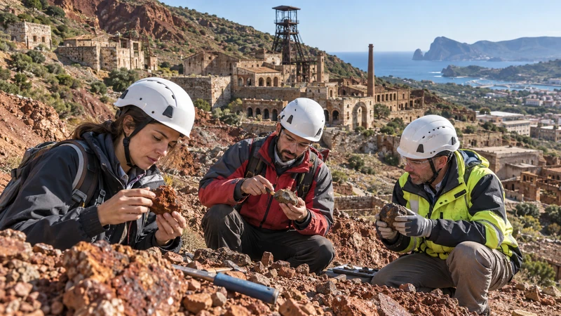 Illustrazione editoriale IA di geologi al lavoro nel paesaggio minerario di Monteponi in Sardegna; scena non documentaria.