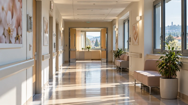 Illustrazione editoriale IA di un corridoio ospedaliero neutrale; non mostra il neonato, la famiglia o il momento del parto.