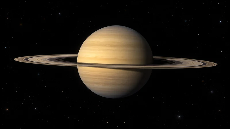 Illustrazione editoriale IA di Saturno e dei suoi anelli poco inclinati nello spazio; non fotografia telescopica.
