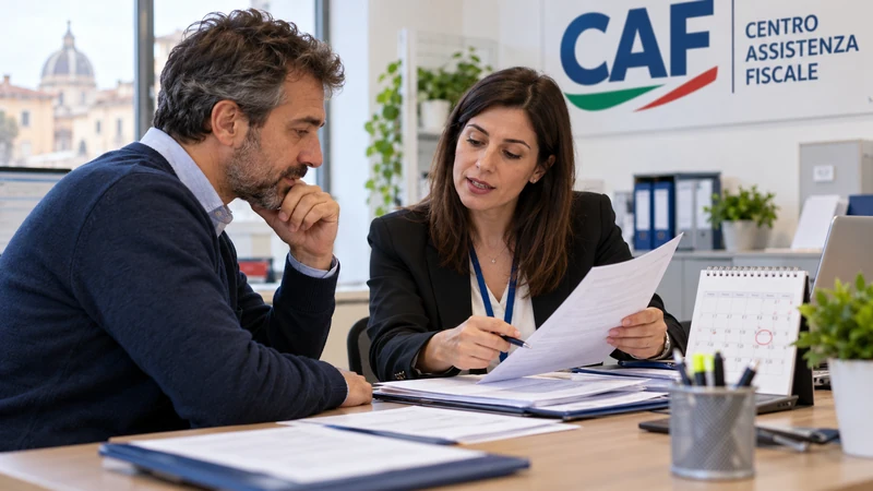 Illustrazione editoriale IA di un contribuente che verifica documenti fiscali con un operatore CAF; scena non documentaria.