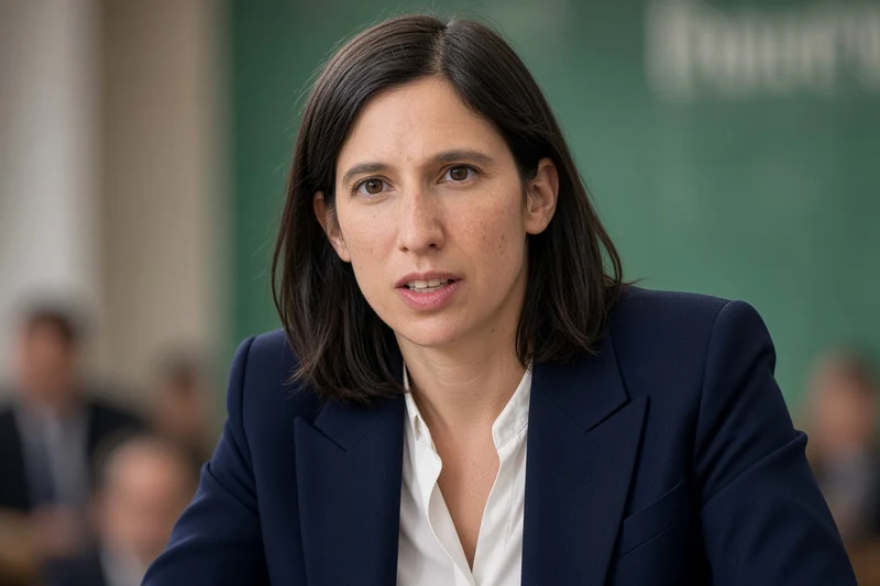 Illustrazione editoriale IA di Elly Schlein durante un intervento politico; scena non documentaria.