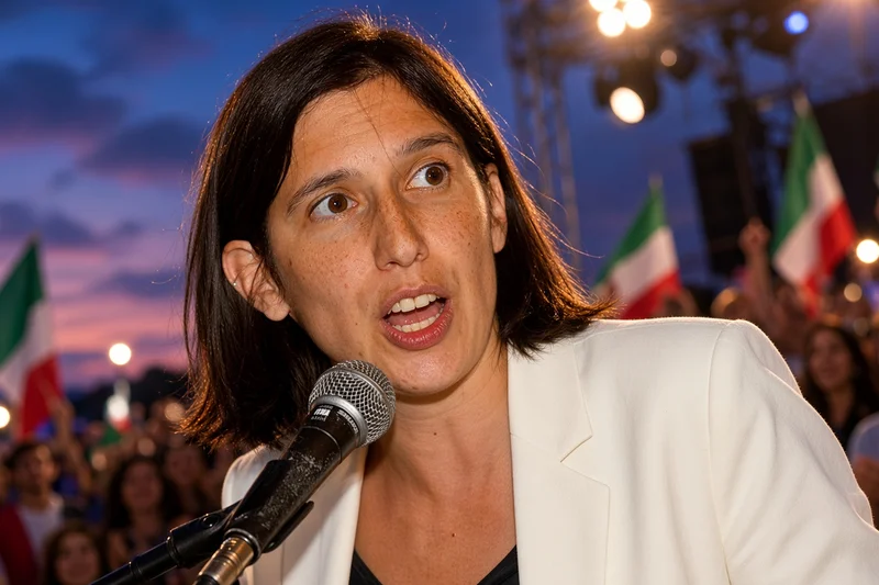 Elly Schlein parla al microfono durante un comizio serale; illustrazione editoriale IA non documentaria.