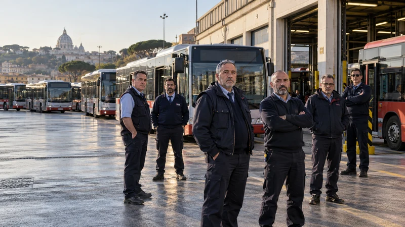 Illustrazione editoriale IA di autobus fermi in un deposito italiano e lavoratori del trasporto in primo piano.