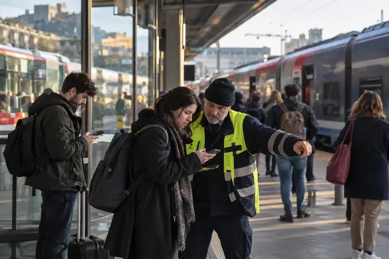 Una viaggiatrice riceve assistenza su un binario ferroviario durante una giornata di sciopero
