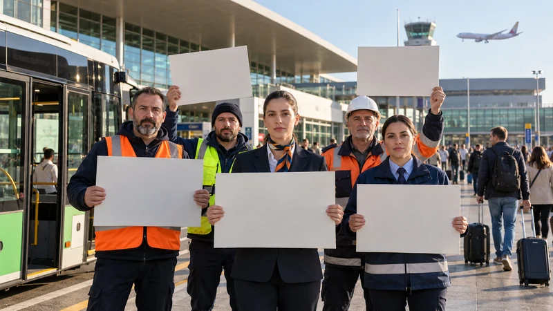 Illustrazione editoriale IA di lavoratori dei trasporti riuniti pacificamente davanti a un terminal italiano; non documenta uno sciopero reale.