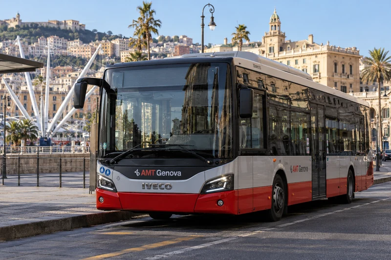 Illustrazione IA di un autobus AMT nella città di Genova.