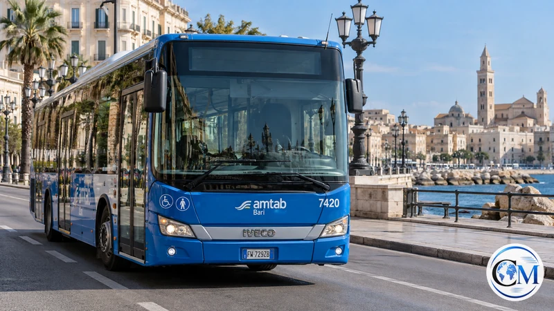 Illustrazione editoriale IA di un autobus AMTAB sul lungomare di Bari; non documenta lo sciopero.
