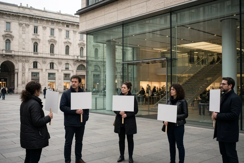 Scena editoriale contestuale generata con IA: presidio di lavoratori davanti a un Apple Store in una piazza italiana; non è una fotografia documentaria dello sciopero.