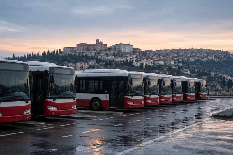 Illustrazione editoriale generata con IA: autobus in un capolinea umbro all’alba; non è una fotografia documentaria.