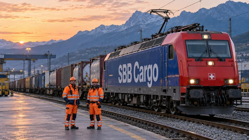 Illustrazione editoriale IA di un treno merci e addetti ferroviari; non raffigura lo sciopero odierno.