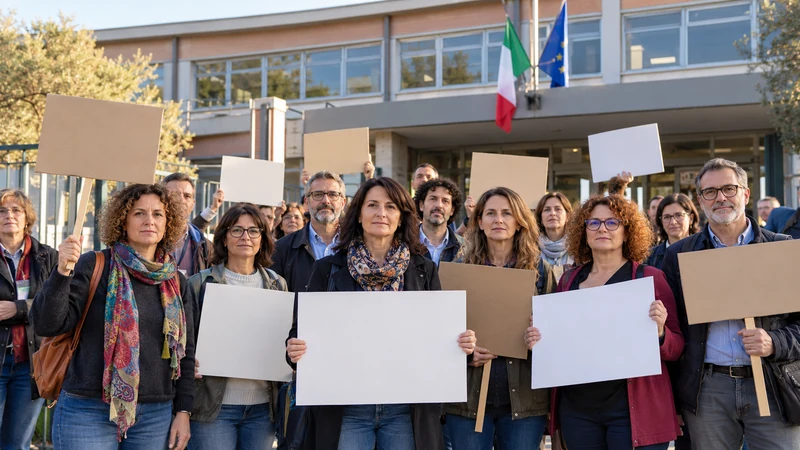 Illustrazione editoriale IA di personale scolastico riunito pacificamente davanti a una scuola italiana; non documenta una manifestazione reale.
