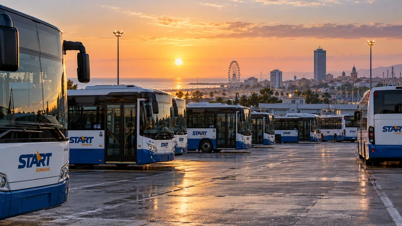 Illustrazione editoriale IA ultrarealistica di autobus Start Romagna fermi in deposito durante lo sciopero; scena non documentaria.