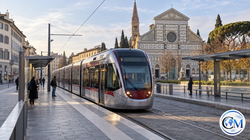 Illustrazione editoriale IA ultrarealistica di un tram fermo a Firenze durante lo sciopero; scena non documentaria.