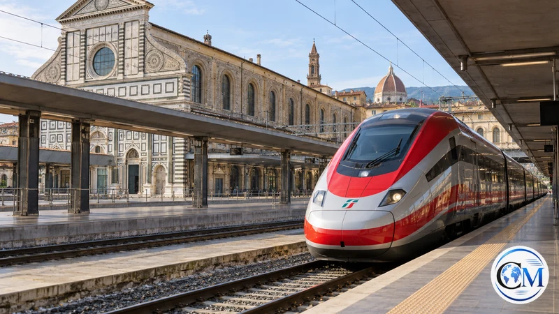 Illustrazione editoriale IA di un treno in una stazione fiorentina evocativa; non è una fotografia dello sciopero del 14 ottobre.