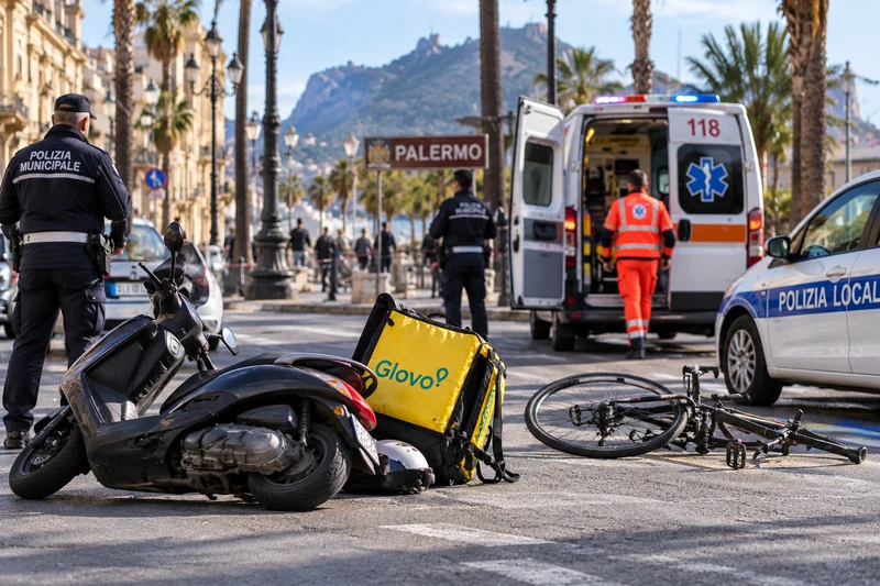 Foto d'archivio della polizia municipale e di un'ambulanza sul luogo di un incidente stradale a Palermo, con uno scooter, una bicicletta e una borsa termica Glovo a terra.