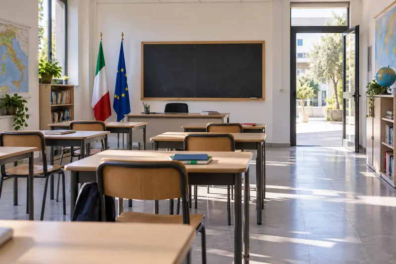 Illustrazione editoriale generata con IA: aula scolastica italiana vuota con bandiere italiana ed europea; non è una fotografia documentaria.