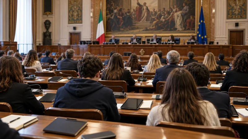 Studenti, docenti e dirigenti in audizione sulle tecnologie nella scuola; illustrazione editoriale IA non documentaria.