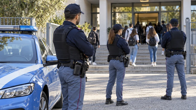 Illustrazione editoriale IA di agenti della Polizia di Stato davanti a una scuola italiana; scena non documentaria.