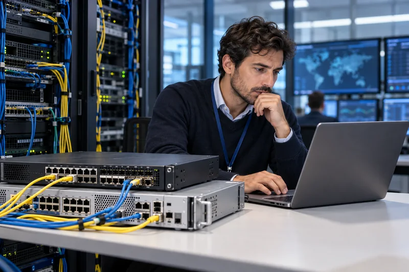 Tecnico di rete osserva apparati e computer in una sala server; illustrazione editoriale IA non documentaria.