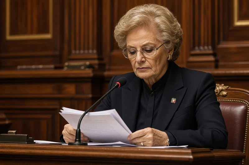 Liliana Segre seduta a un banco parlamentare con microfono, legge documenti; illustrazione editoriale IA non documentaria.