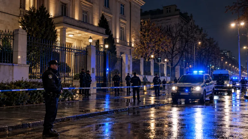 Scena editoriale IA di un dispositivo di sicurezza notturno davanti a un edificio diplomatico a Belgrado