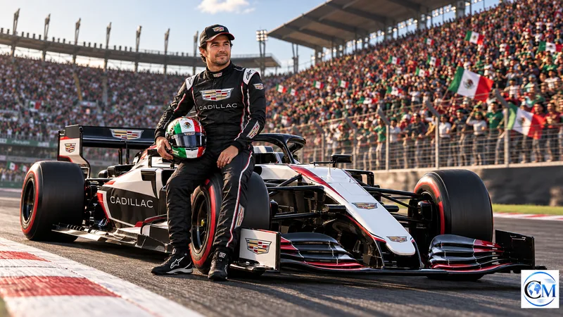 Sergio Pérez accanto alla Cadillac di Formula 1 a Città del Messico, illustrazione editoriale IA