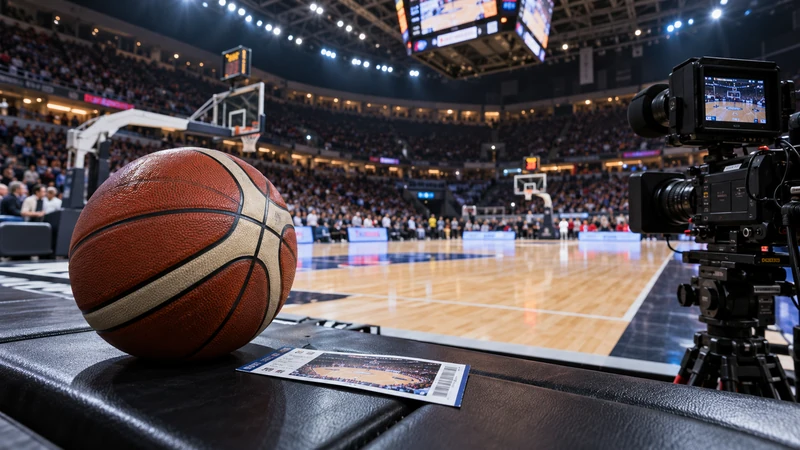 Illustrazione editoriale IA ultrarealistica di un palazzetto italiano con pallone, biglietto e telecamera per le dirette della Serie A basket; scena non documentaria.
