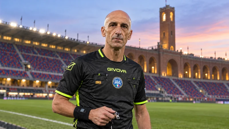 Scena editoriale IA con l’arbitro Daniele Doveri riconoscibile in volto su un campo di calcio; non è una fotografia di Bologna–Inter.