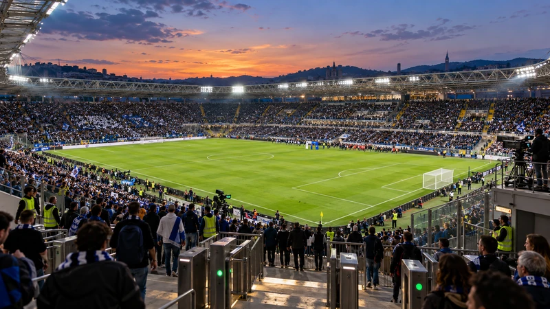 Illustrazione editoriale IA di uno stadio italiano al tramonto prima di una partita di Serie A; scena non documentaria.