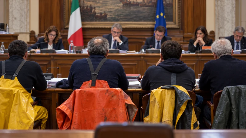 Pescatori e rappresentanti sindacali ascoltati dalla Commissione Agricoltura; illustrazione editoriale IA non documentaria.
