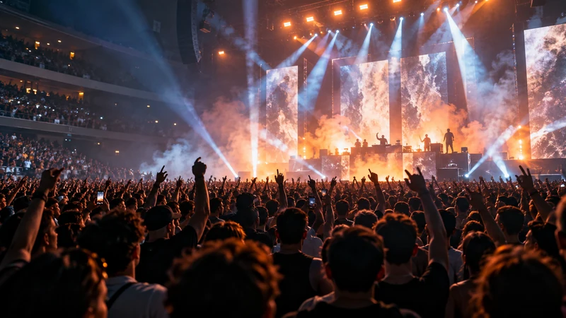Illustrazione editoriale di un’arena durante un concerto rap, senza raffigurare l’artista.