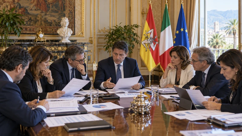 Illustrazione editoriale IA di funzionari della Regione Siciliana durante una riunione di bilancio; scena non documentaria.
