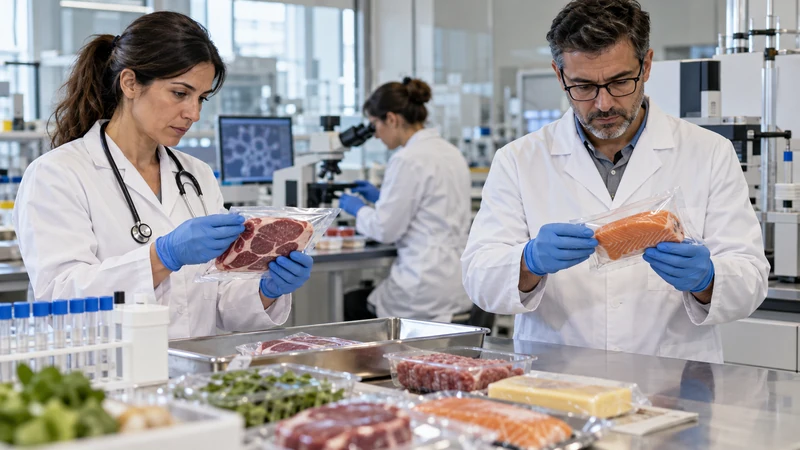 Illustrazione editoriale IA di tecnici veterinari in un laboratorio pubblico; scena non documentaria.