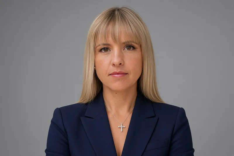 Ritratto editoriale neutrale generato con IA di Silvia Sardone, eurodeputata della Lega, in giacca blu su sfondo grigio di studio; non è una fotografia documentaria.