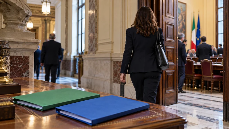 Illustrazione editoriale IA di un passaggio tra gruppi parlamentari rappresentato da cartelle verde e blu; scena simbolica non documentaria.