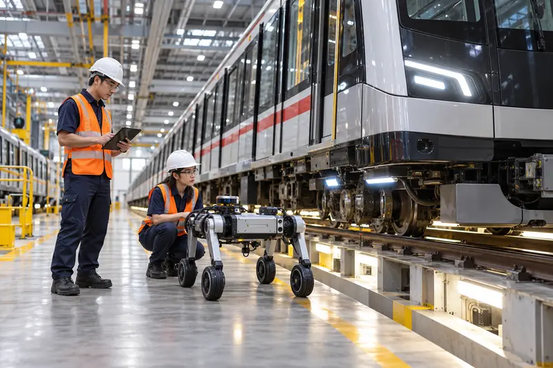Illustrazione editoriale IA di tecnici e robot che ispezionano binari in una moderna rete ferroviaria di Singapore.