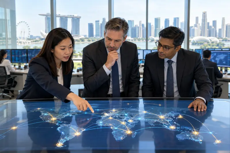 Illustrazione editoriale IA di un centro finanziario asiatico con flussi digitali tra Singapore, Malesia e Thailandia.