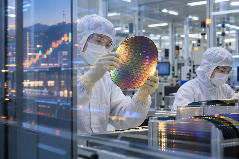 Tecnici in camera bianca controllano un wafer per memorie avanzate