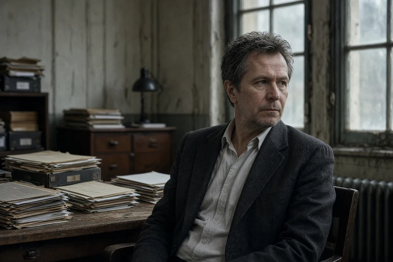 Scena editoriale contestuale generata con IA con Gary Oldman riconoscibile in un ufficio di intelligence britannico, per rappresentare Slow Horses 6