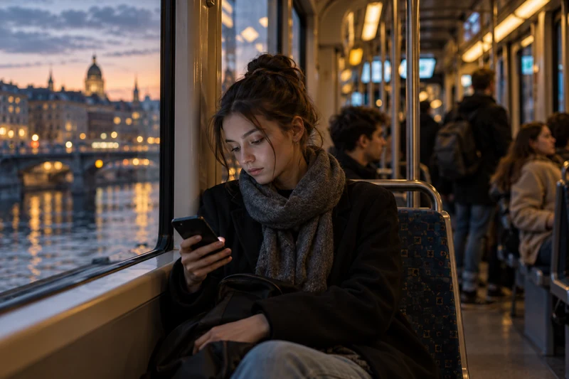 Illustrazione editoriale IA di una giovane adulta sola su un tram europeo mentre guarda lo smartphone al tramonto.