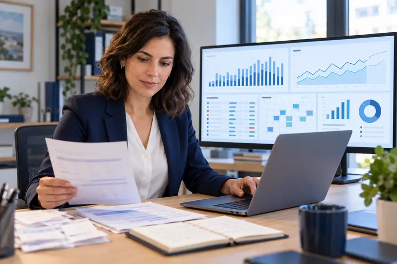 Responsabile finanziaria controlla previsioni di cassa, incassi e pagamenti su una dashboard; illustrazione editoriale IA non documentaria.