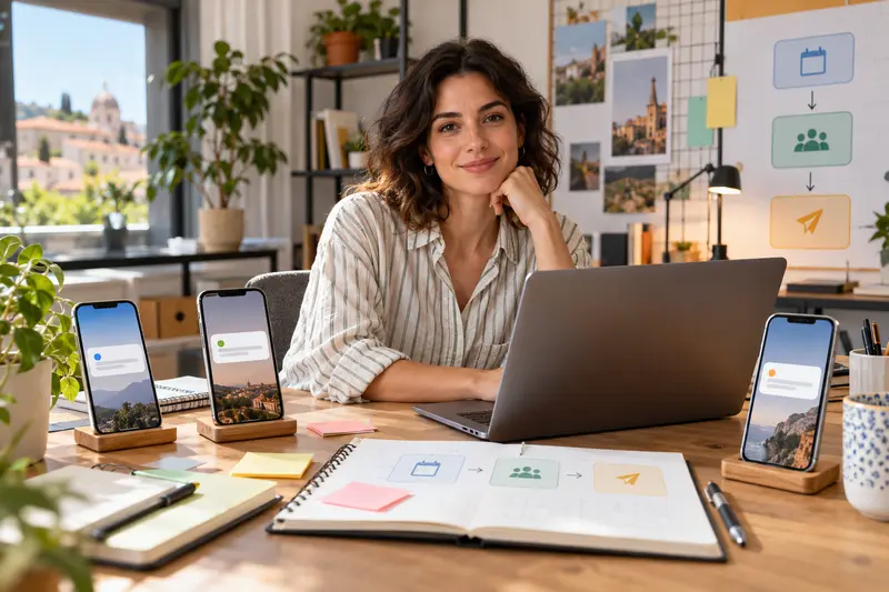 Professionista del marketing con laptop e telefoni che mostrano notifiche senza testo; illustrazione editoriale IA non documentaria.