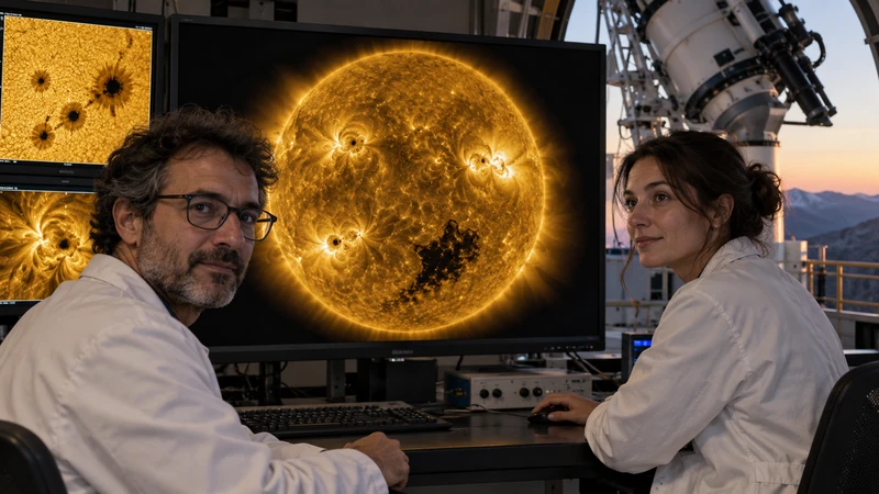 Illustrazione editoriale IA di due ricercatori che osservano immagini del Sole in un osservatorio; scena non documentaria.