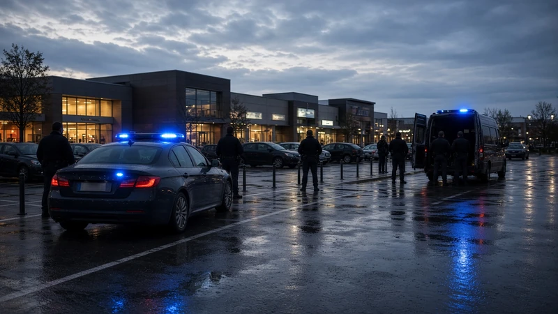 Illustrazione editoriale IA di auto della polizia con lampeggianti blu in un parcheggio commerciale al crepuscolo; scena non documentaria, senza volti identificabili.