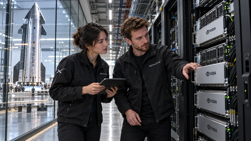 Illustrazione editoriale IA di tecnici SpaceX che controllano server Nvidia in un centro di calcolo; scena non documentaria.