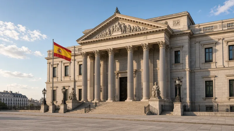 Illustrazione editoriale IA della facciata del Congreso de los Diputados a Madrid con bandiera spagnola; non documentaria.