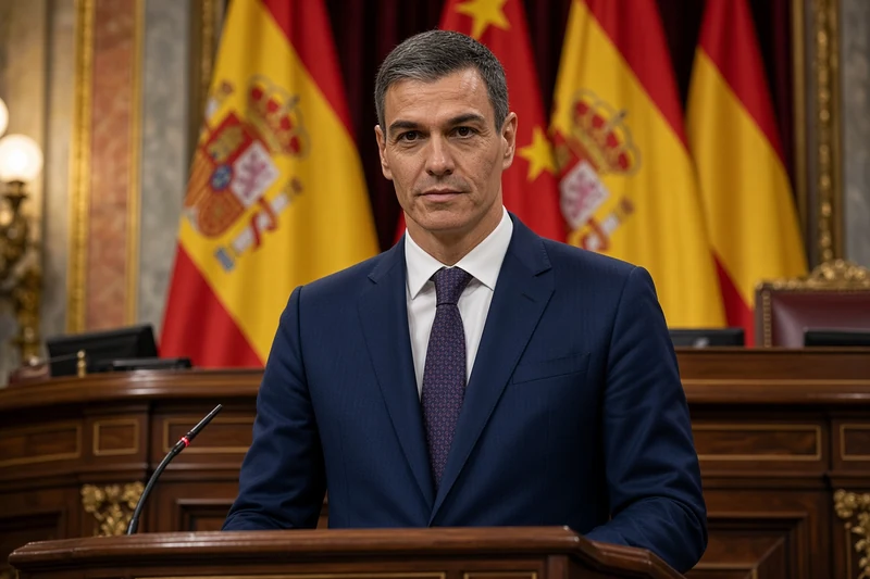 Illustrazione editoriale IA di Pedro Sánchez al podio con bandiere spagnole: scena non documentaria del dibattito al Congreso.