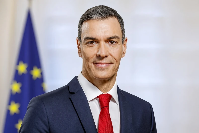 Ritratto editoriale di Pedro Sánchez generato con IA, somiglianza sintetica non documentaria.