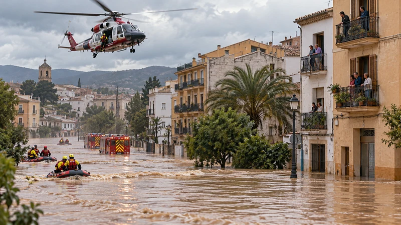 Illustrazione editoriale IA dei soccorsi durante un’alluvione in una città della Spagna orientale, senza vittime visibili.